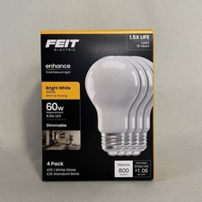 Feit Electric LED Light Bulb 60w Bright White 4 Pack A19 Dimmable E26 Base picture