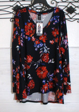 Lildy Women's Knit Top Size 2X Long Sleeve Black Floral Round Neck picture