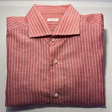 BARBA Napoli Salmon Pink/Red Linen/Cotton Blend Mens Button Luxury Shirt 16.5 42 picture