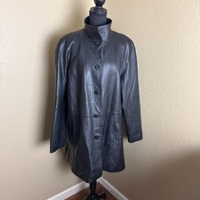 Worthington Women's XL Black Genuine Lambskin Leather Long Coat Button Front picture