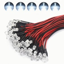 100x White LED Single Bulb Small Light Wire 5V-12V DC 3mm Bright Round Top Clear picture