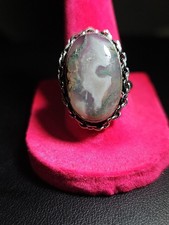Large Sterling Silver Plated  Natural   Moss Agate Oval Ring picture
