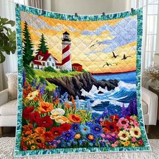 Lighthouse Quilt Blanket Coastal Ocean Waves Wildflower Throw Beach Gift Decor picture