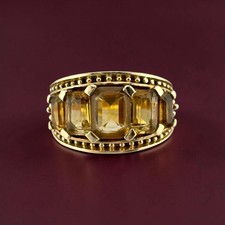 Vintage 10K Yellow Gold 2.70ctw Emerald Cut Citrine Three Stone Ring Size 6.75 picture