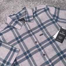 Brixton Charter Button Up Men Linen Blend Plaid Grey Blue M NEW picture