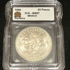 SASA 1968 Mo Mexico 25 Pesos Silver Olympics MS67 ICG picture
