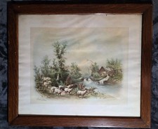  W.H. Chandler Antique  Chromolithograph Shepherd & Sheep Mill Stream Rare Print picture