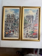 Pair authentic Mid-Century framed Parisian art prints delicate gold frame picture