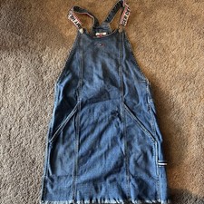 Y2K Tommy Hilfiger Womens Small Denim Overall Bib Dress Logo Straps Frayed Hem picture