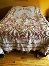 Vintage Embroidered Floral Cotton Bedspread White Pink Green Yellow picture