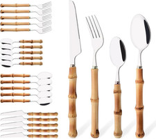Bamboo Handle Silverware Set, 24-Piece Flatware Set for 6, Stainless Steel Cutle picture