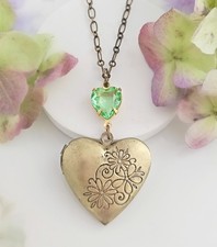 Vintage Czech Crystal Green Heart Picture Locket Necklace, Heartshaped Pendant picture
