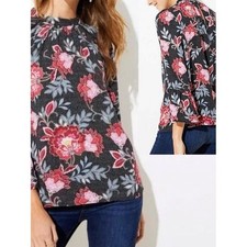 LOFT Garden Floral Bell Sleeve Mock Neck Blouse Black Pink Red Size M picture