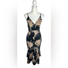 NWT Lulu's Black & Tan Floral V-Neck High Low Maxi Dress Sz M Boho Tropical picture