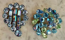 TWO Vintage Signed Weiss Blue Rhinestone Brooches Prong Set picture