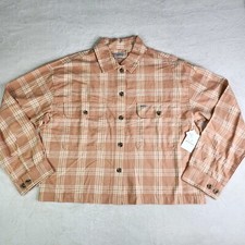NEW Brixton Bowery Women M Peach White Cropped Check Plaid Flannel Shirt Relax picture