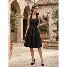 NWT UNIQUE VINTAGE Black Bow Halter Fit & Flare Mini Dress Retro Pinup, Size S picture