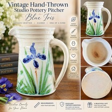 Vintage Hand Thrown Studio Pottery Pitcher Blue Iris Flower Signed Artist 8.5