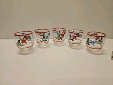 Set/5 Vtg Czech Bohemian Hand Painted Floral Cordial Shot Glasses Clear Red Rim  picture