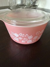 Vintage Pyrex Pink/white Gooseberry Casserole Dish #473-1 Quart w/lid cover picture
