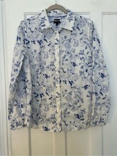 Talbots Blue White Floral Button Front Blouse Size 12 Cotton Stretch picture