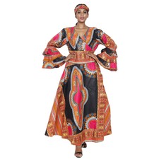 African Women's Dashiki Ruffle Sleeve Maxi Wrap Dress -- FI-D70 FS picture