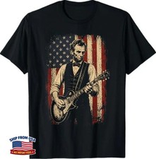 Vintage Abraham Lincoln Abe Lincoln Playing Guitar USA Flag T-Shirt picture