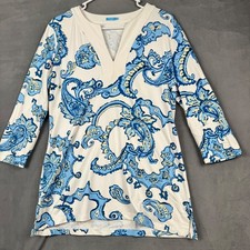 J.McLaughlin Blue White Paisley Tunic Top 3/4 Sleeve Split V-Neck Medium picture