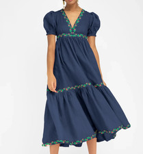 Fanm Mon S Linen Navy Blue Embroidered Puff Sleeve Boho Resort Maxi Dress NWT picture