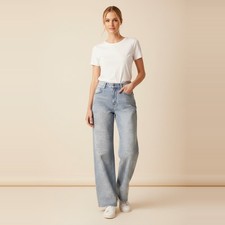 American Bazi NWT Rhinestone Wide Leg Jeans Womens M Light Wash RJH-21203 Bling picture