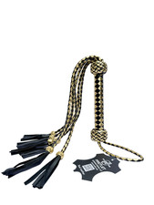 Hand Braided Cowhide Leather Flogger Black Gold Tassel Handle Handmade Premium picture