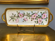 Antique B&C Limoges France Hand Painted Tray, Pink Wild Roses Porcelain Vanity picture