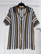 Shein Manfinity XL Striped Crochet Knit Shirt Button Front Short Sleeve picture