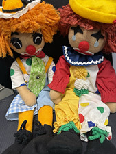 Vintage Handmade Cloth Clown Dolls Pair 25” Yarn Hair Happy & Sad Crying Clowns picture