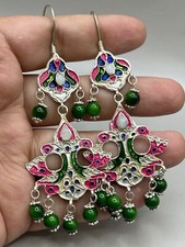 Beautiful Antique Old Silver Handmade Earrings With Enamel Art picture