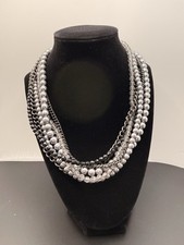 Napier Multi Strand Silvertone Chain & Faux Pearl Necklace Vintage Signed 18in picture