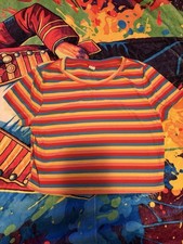 Women’s Large Rainbow Striped Ribbed Crop Top Short Sleeve Retro Y2K Tee picture