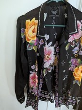 Johnny Was Jade Silk Floral Sheer Button Down Xl.  Black Floral Blouse picture