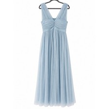 Lulus Maxi Dress Womens Medium Light Blue Tulle V-Neck Ruched Formal Gown picture