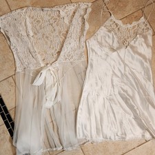VTG Val Mode Bridal Coquette White Satin Babydoll Slip Lace Peignoir Robe Set M picture
