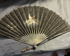late Victorian or Edwardian era Black & Gold Lace Folding Hand Fan picture