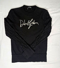 Vintage European Men's Black Wool Cable-Knit Crewneck Logo Pullover Sweater 46 picture