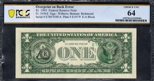 $1 1993 FRN Overprint on Back Error Serials + Seals Wrong Side PCGS Ch Unc 64 picture