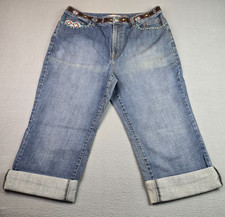 Chico's Platinum Denim Capri Jeans Size US 16 Beaded Embellished Cuffed Cropped picture