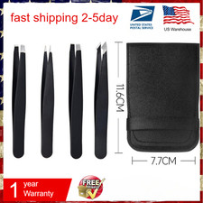 US Tweezers Set 4 Piece Professional Black Plucker Stainless Steel With Case picture