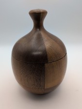 Vtg Hand Turned Segmented Wood Lidded Jar Patchwork MCM Trinket Box picture