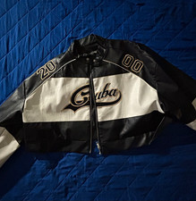 Choko Men’s Leather Biker Jacket Black/White Colorblock Zip Band Collar Size S picture