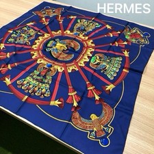 HERMES Carre 90 Silk Scarf Navy Egyptian Motif 100% Silk Used 32H2305 picture