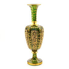 c1890 ANTIQUE 19thC BOHEMIAN GREEN CUT GILDED GLASS VASE, RAISED GILT DECORATION picture