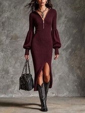 Elegant Women's Zipper Knitted Stand Collar Lantern Long Sleeve Split Dress Fall picture